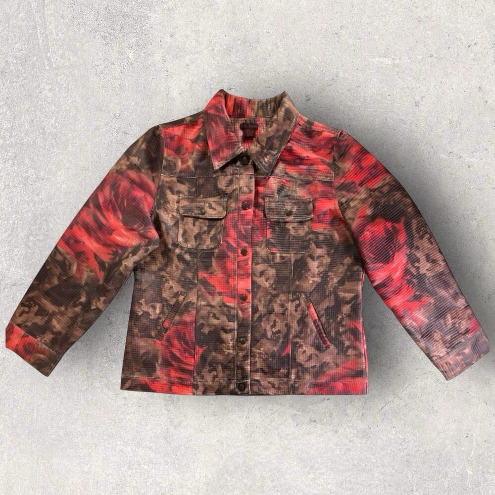 Sara Isabella Brown Red Floral Textured Squares Trucker Jacket Womens XL